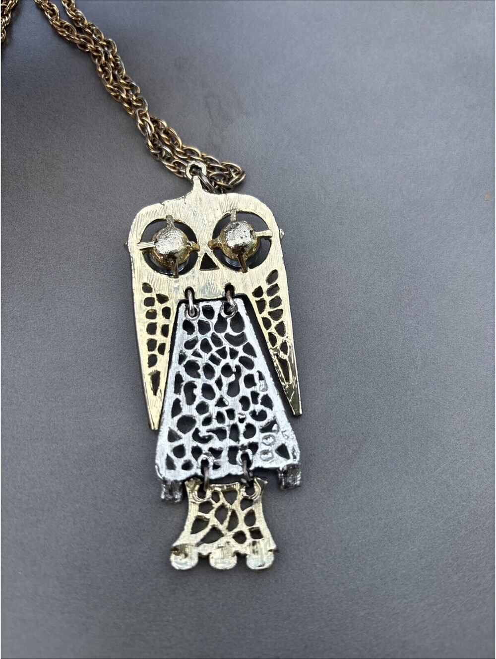 Eclectic Whimsical BROWN PHARAOH OWL Rainbow Rhinestone Pendant Necklace
